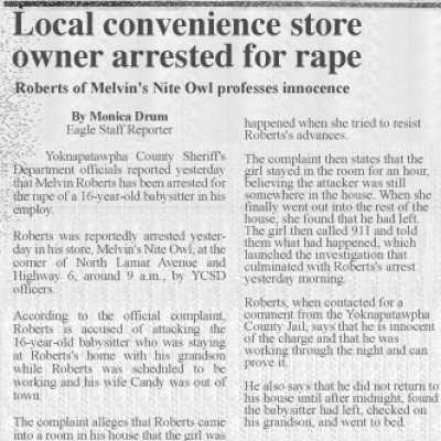clipping of newspaper article on Melvin Roberts's arrest